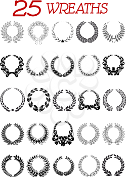 Round laurel wreath icons set isolated on white. Suitable for design, such as award, heraldry, jubilee and anniversaries