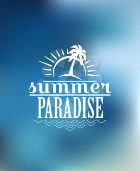 Beach poster design with sun, sunshine, waves, palm, sky, birds and text  Summer Paradise. For journey, travel, adventure, tourism or logo design