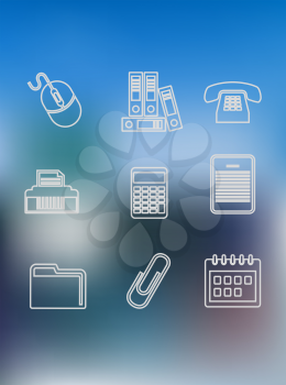 Office and business outline icons set with computer mouse, binders,  phone, printer, calculator, clipboard, tablet, file, folders and calendar