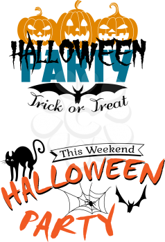 Halloween party invitation with pumpkins, black cat, spider, bat and texts Trick or treat, Halloween, This Weekend. For holiday design