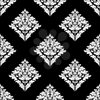 White floral seamless ornate pattern in damask style on black background