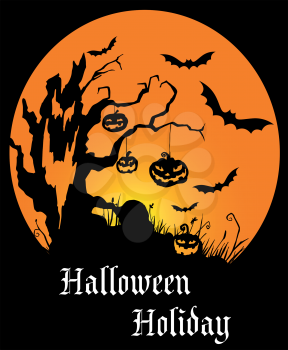 Halloween holiday poster with scary landscape, fear elements and text Halloween holiday
