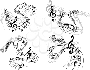 Abstract musical melody compositionswith treble clef, musical notes and waves, isolated on white background for art, symphony, opera, pop or jazz 