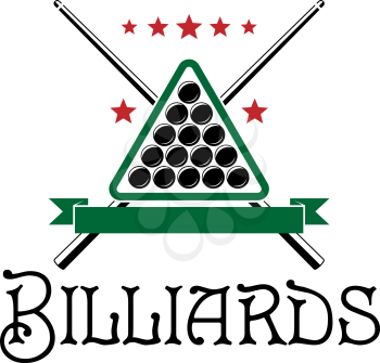 Billiards club emblem with ball, cue, triangle and text  Billiards isolated on white background
