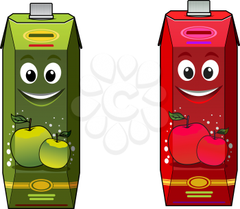 Cartoon apple juice packages character with green and red fruits isolated on white background