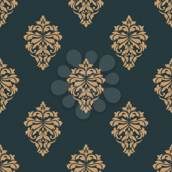 Floral retro vintage ochre seamless pattern on dark olive green colored background, for backdrop, wallpapers and textile ornament