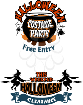 Halloween holiday  invitations with witch, fire, spider, web, banner, pot or bowler and text Halloween, Costume Party, Free Entry