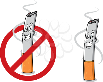 Cartoon happy cigarette butt with smoke and stop sign. For healthcare and antinicotine design