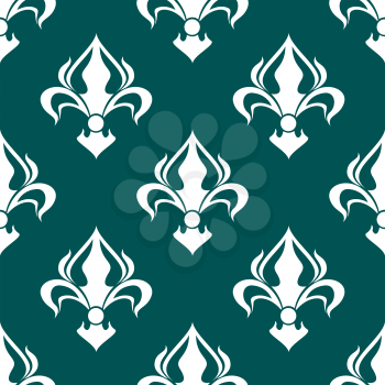 Seamless floral fleur-de-lis royal white lily pattern on dark turquoise colored background. For wallpaper, tiles and fabric design
