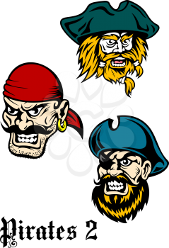 Cartoon brutal pirate captains set with mustaches, beards and hats. Suitable for historical, pirate adventures design