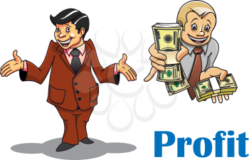 Cartoon businessman or financial  expert characterswith money and text Profit.  For finance, business and lottery design