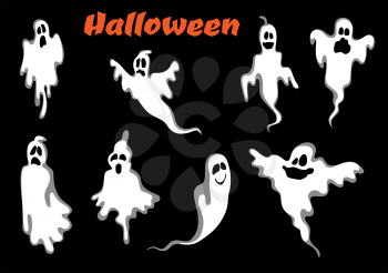 Night scary halloween ghosts set isolated on black background. For halloween party invitation and fear concept