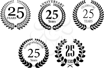 Anniversary jubilee  laurel wreaths set with text Congratulations,  25 years, Anniversary. For jubilee, Anniversary and celebration design