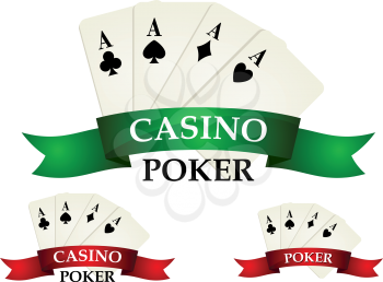 Casino gambling symbols and signs with poker cards and banner. For casino gamble or leisure design