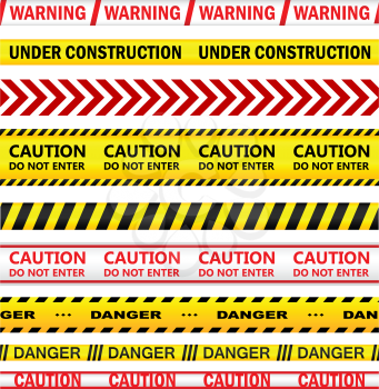 Yellow security warning tapes with text Warning, Under Construction, Caution, Do not enter, Danger. For web, police, detective, criminal and law design