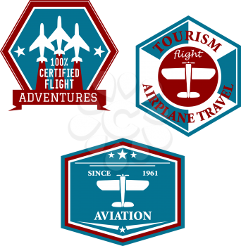Aviation and tourism emblems or badges each in a different shaped frame depicting aircraft with various text for airline travel tours and adventure