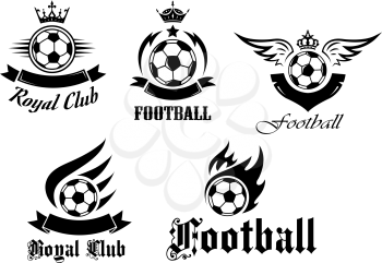 Soccer and football emblems set with crowns, wings and flames for sports design