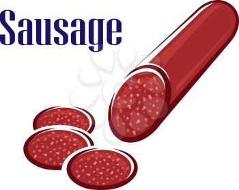 Spicy salami sausage with three slices in front and text Sausage, vector illustration isolated on white
