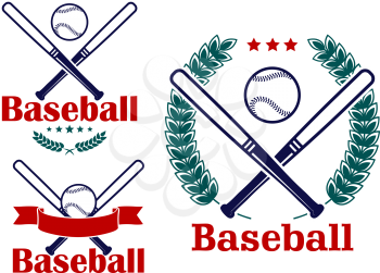 Baseball emblems or badges vector designs with crossed bats and a ball with a ribbon banner, a circular laurel wreath and stars