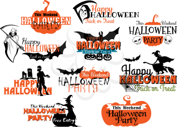 Large set of Happy Halloween eerie designs with various texts decorated with pumpkins, bats, witches, the grim reaper, ghosts, zombie and jack-o-lanterns in orange and black on white
