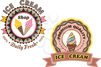 Сircular Ice Cream vector labels with colorful ice cream cones one saying Daily Fresh and the other Premium Quality with a ribbon banner