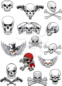 Skull characters for hallowen, pirates and piracy decorated with crossed bones, crossed pistols, wings, tophat and bandanna in black and white