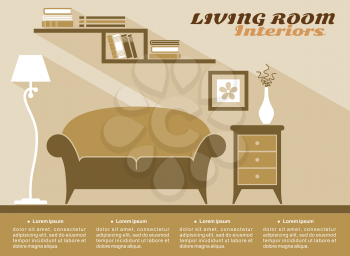 Living room interiors  in shades of brown with text copyspace and a sofa, cabinet, lamp snd wall-mounted bookcase, flat vector illustration