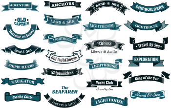 Nautical , marine and maritime themed ribbon banners with various text in shades of blue, vector illustration isolated on white