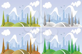 Vector illustration of a landscape with a forest and mountains showing the four different seasons - spring, summer, autumn or fall and winter