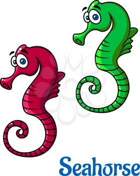 Cute little cartoon seahorses in red and green in side profile with curly tails, vector illustration isolated on white