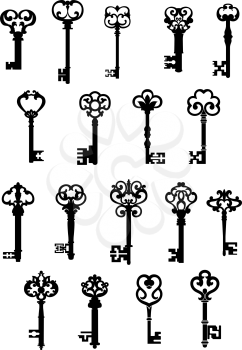 Large set of black and white silhouette vector vintage keys with ornate patterned tops