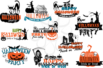 Large set of Happy Halloween vector banners with various texts decorated with pumpkins, bats, black cats, witches, grim reaper, ghosts, skulls and jack-o-lanterns in orange and black on white