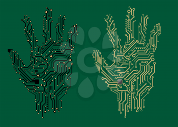 Hand prints formed with electrical circuit boards in two different colors on a green background, vector illustration