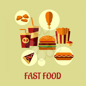 Fast food flat poster design with colorful vector icons of dessert, beverages, chicken, french fries, pie and cheeseburger and text Fast Food below