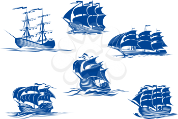 Blue tall ships or sailing ships, one with its sails stowed and the others with their full sails set cruising the ocean, vector illustration isolated on white
