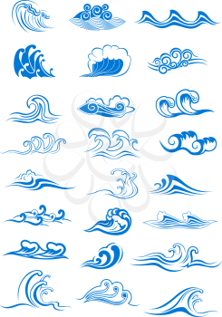 Blue ocean waves set curling and breaking, with swirls and in undulating patterns, for marine or nautical themed concepts, vector illustration isolated on white