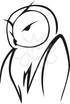 Stylized black and white vector doodle sketch of an owl in side view
