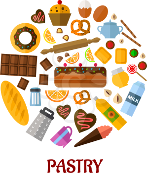 Pastry flat poster design with flat colored icons depicting various breads, cakes, baking ingredients and kitchen utensils with the text Pastry