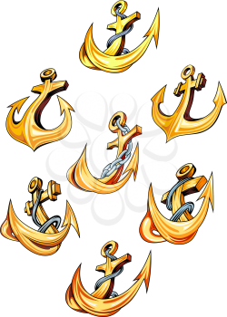 Swirling gold ships anchors with ropes and chains and pointed sharp barbs, vector illustration isolated on white