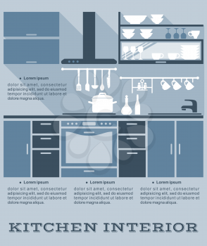Kitchen interior vector flat design in infographic style with shades of blue depicting a fitted kitchen with built in appliances and cabinets and kitchen utensils with copyspace for text