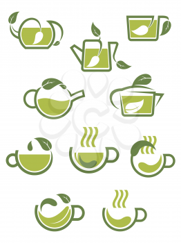 Green herbal tea icons with teapots and cups with leaves in shades of green