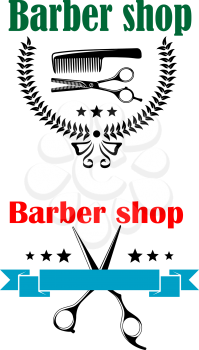 Two vector barber shop emblems or signs, one with a com and scissors inside a round laurel wreath and the other with scissors, stars and a blank ribbon banner, both with text Barber Shop