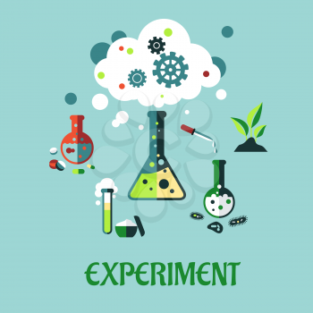 Experiment flat design with a cloud of vapor with gear wheels above a conical flask with additional glassware for pharmaceutical, chemical, botanical and medical research