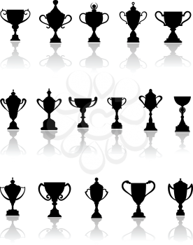 Black vector silhouette trophy icons in different shapes, some with lids, on a reflective white background