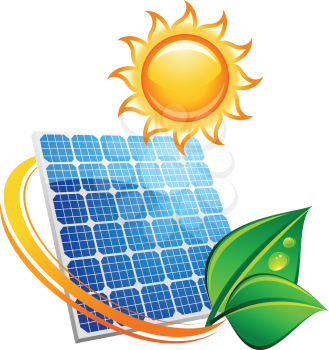 Sustainable solar energy concept with blue photovoltaic panels under a hot yellow sun with fresh green leaves depicting the environment and ecology