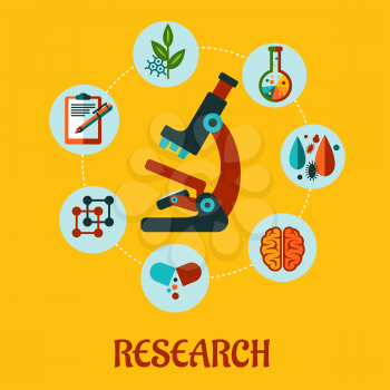 Vector research flat infographic with a laboratory microscope surrounded by round icons depicting pharmeceutical, chemistry, physics, biology, medical and genetics , on a yellow background