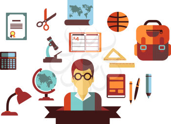 School and education colored vector flat icons including a teacher, backpack, globe, lamp, notebooks, pens, microscope, calculator, scissors, map, diploma and maths instruments