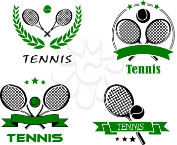 Set of Tennis badges or emblems logo with rackets and a ball above ribbon banners or enclosed in a laurel wreath and text Tennis in various fonts, vector illustration on white