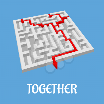 Labyrinth puzzle showing two alternative routes with two entry points combining for only one exit as shown by a red arrow, vector illustration