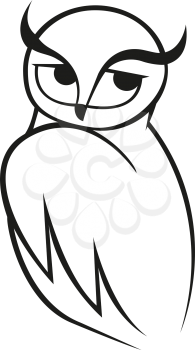 Wise owl vector doodle sketch in black and white looking over its shoulder to the side. For wildlife, tattoo or another design
